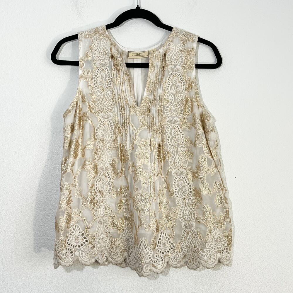Anthropologie Top Womens 2 Metallic Brocade Jacquard Skyler Gold Boho Casual
